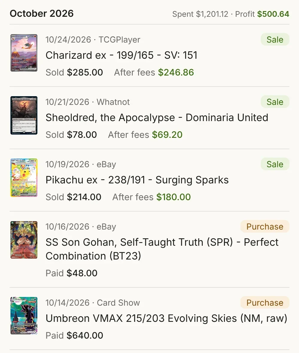 The same October sales in Card Tab, each with card art, sold price, after-fees amount and a month total
